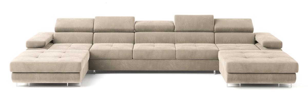 WOHNLANDSCHAFT OMBRA Creme Velours-Stoff mit Schlaffunktion - Creme, Holz (425/90/202cm) - MASSENO
