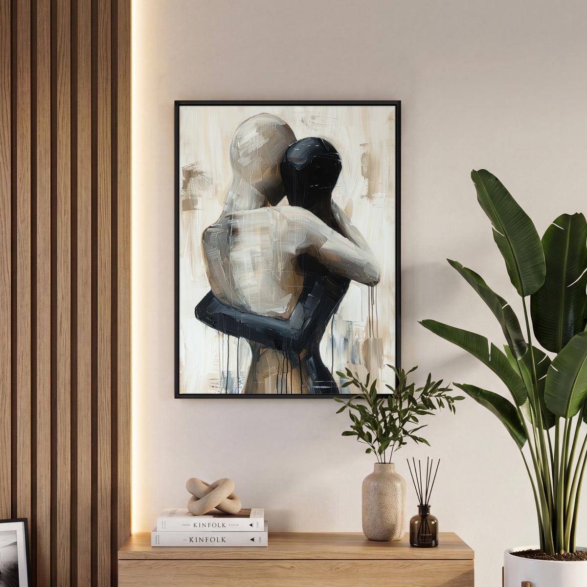 LEINWAND Bilder mit Rahmen - Abstrakt - Liebe - Schwarz und weiß - Modern - 60x80 - Schwarz, Textil (60/80cm) - MuchoWow