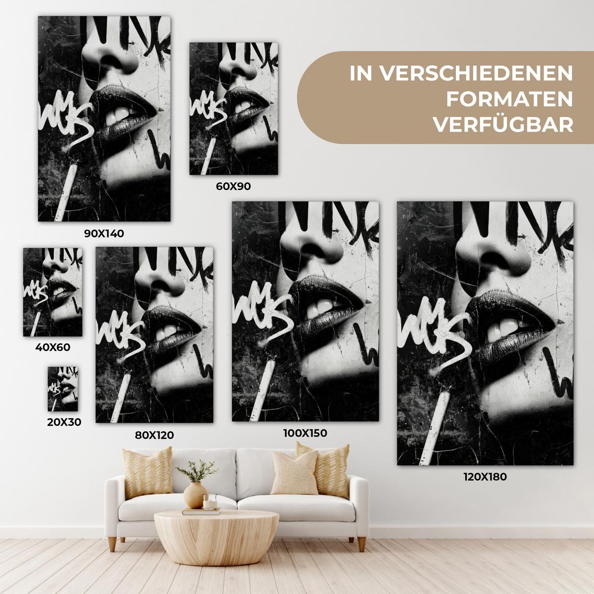LEINWANDBILD Gesicht - Mund - Graffiti - Schwarz Deko Groß 90x140 cm - Schwarz, Textil (90/140cm) - MuchoWow