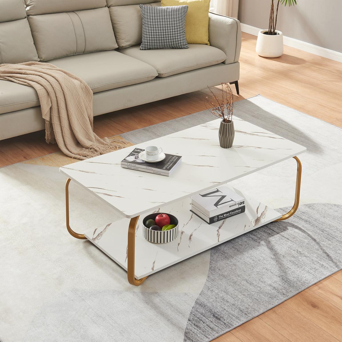 COUCHTISCH Kolta 120/60/43 cm - Goldfarben/Weiß, Holzwerkstoff/Metall (60/120/43cm) - [en.casa]