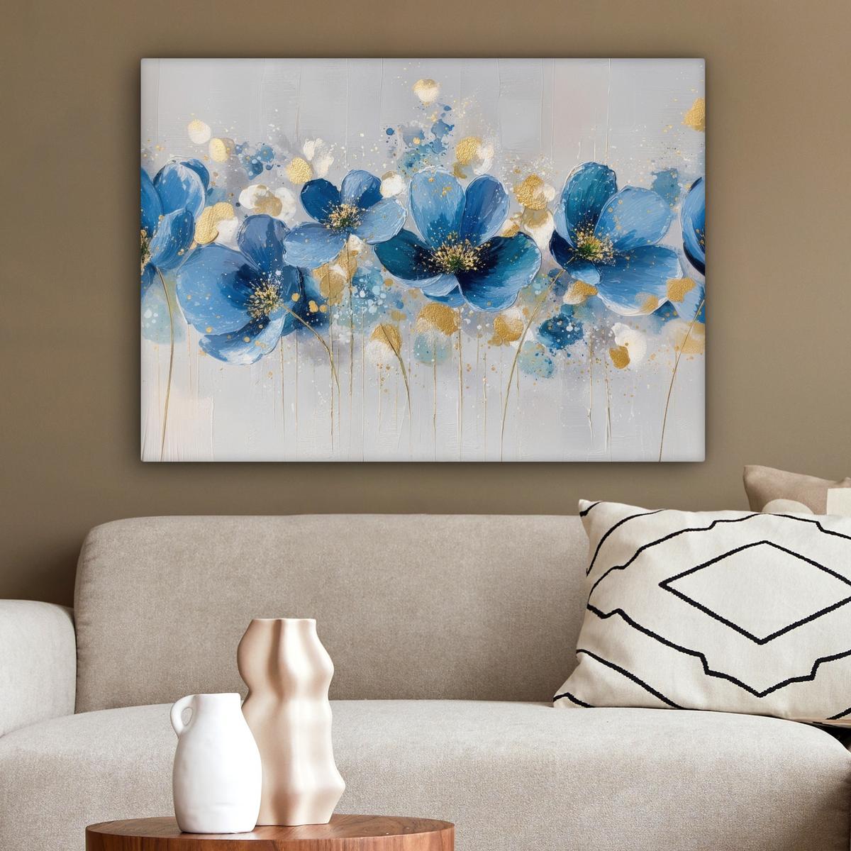 LEINWANDBILD Blumen - Blau - Abstrakt Wandbilder 80x60 cm - Hellgrau, Textil (80/60cm) - MuchoWow