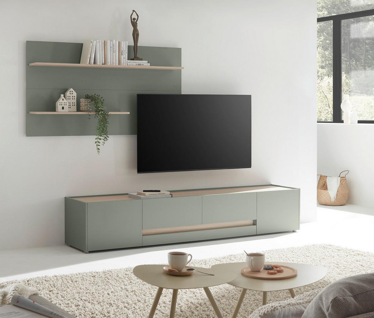 WOHNWAND in Salbei Grün mit Eiche, Wohnkombination 2-teilig mit XXL TV-Lowboard, Breite 300 cm - Salbeigrün/Eichefarben, Holz/Holzwerkstoff (300/190/45cm) - Furn.Design