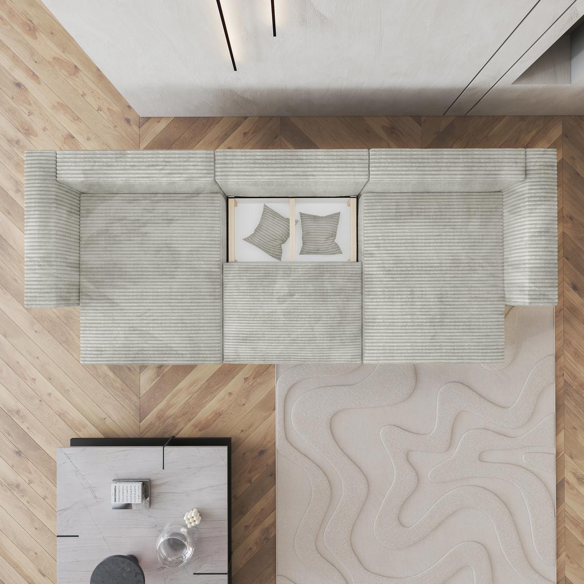 WOHNLANDSCHAFT SARMO Hellgrau Kordstoff mit Schlaffunktion - Hellgrau/Grau, Holz/Kunststoff (347/90/148cm) - MASSENO