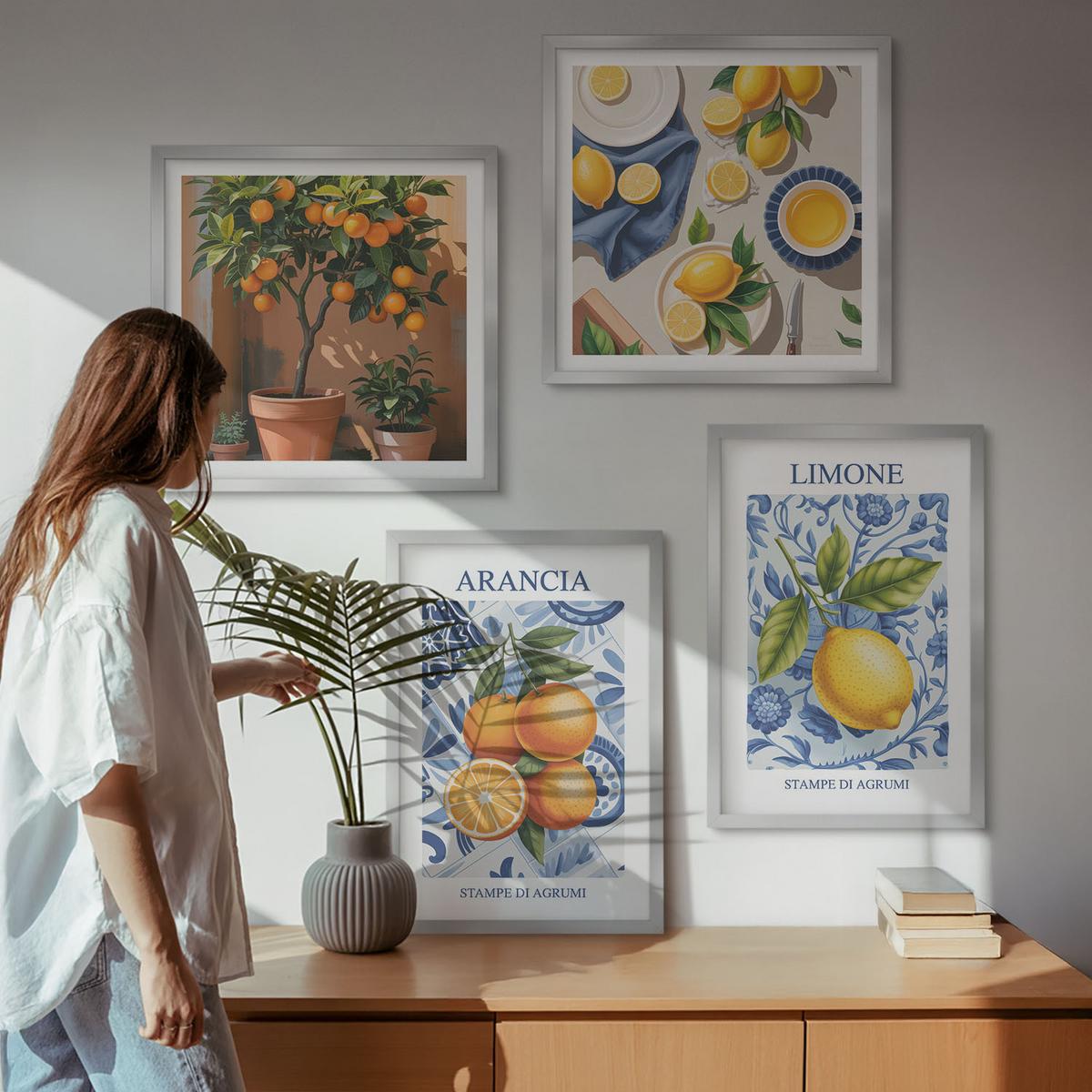 BILDER SET 4er Set - 50x50 cm & 40x60 cm Silberner Rahmen - Illustrationen von Zitrusfrüchten - Silberfarben, Kunststoff (50/50cm) - TULUP