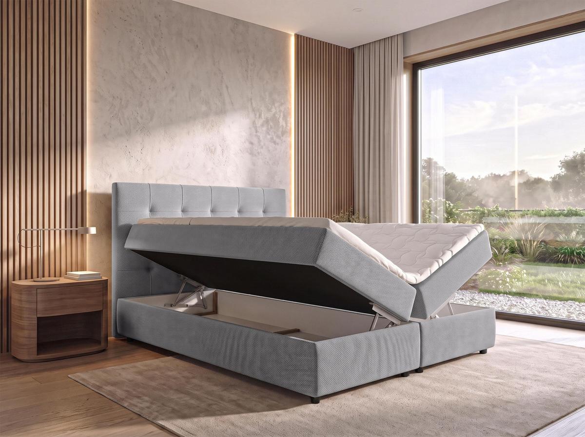 BOXBETT SAKARYA 180x200 cm mit Bettkasten und Matratze - Hellgrau + TOPPER - Hellgrau/Schwarz, Holz/Holzwerkstoff (180/200cm) - AX Living