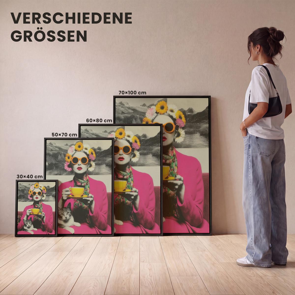 LEINWAND Bilder mit Rahmen - Frau - Katze - Blumen - Tasse - Retro - 30x40 - Magenta, Textil (30/40cm) - MuchoWow
