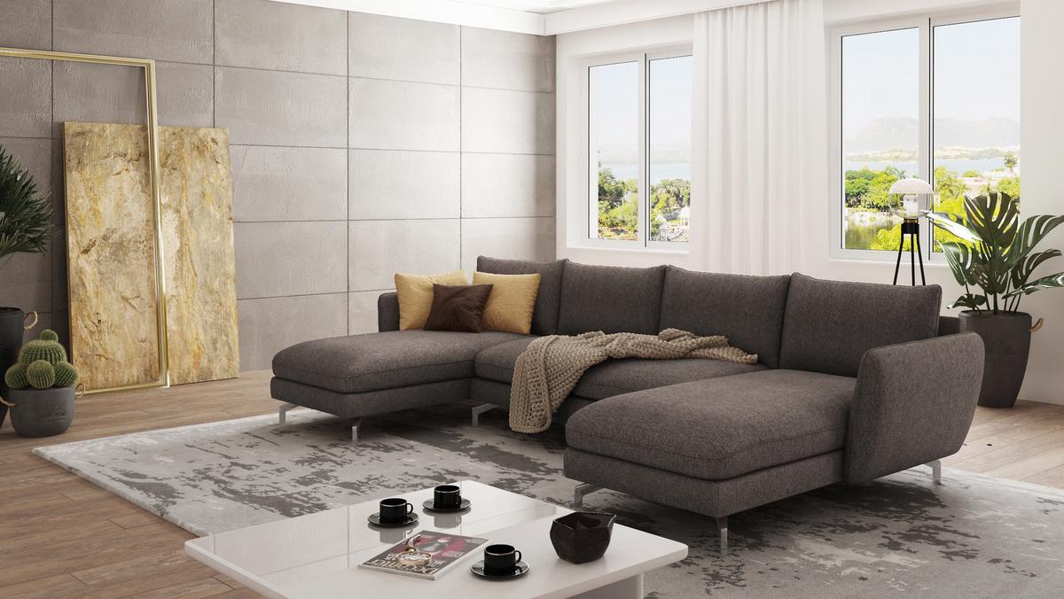 WOHNLANDSCHAFT Elou Braun - Khaki Luxusmicrofaser - Chromfarben/Dunkelbraun, Textil/Metall (349/87/167cm) - S-Style Möbel
