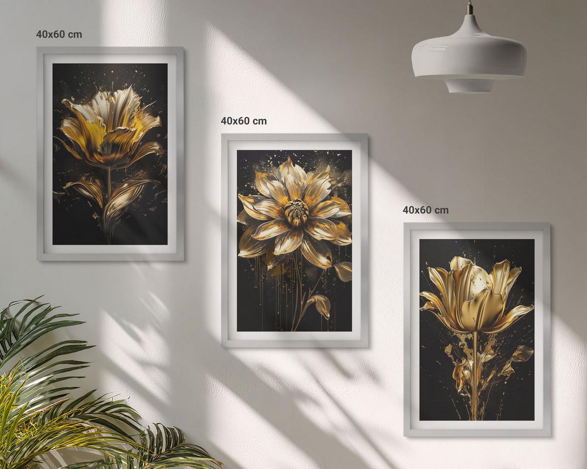 BILDER SET 3er Set - 40x60 cm Silberner Rahmen - Gelbe Blüten auf dunklem Hintergrund - Silberfarben, Kunststoff (40/60cm) - TULUP