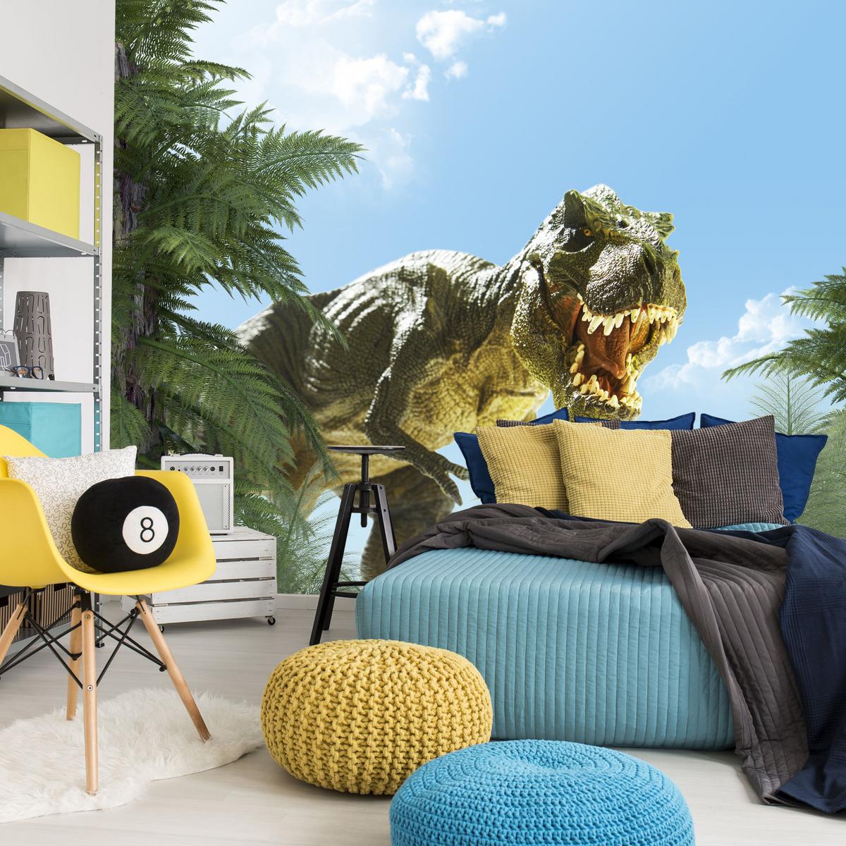 FOTOTAPETE für Jugendzimmer Riesen Dinosaurier Tropenwald Pflanzen 150x105 - Blau/Braun, Papier (150/105cm) - Muralo