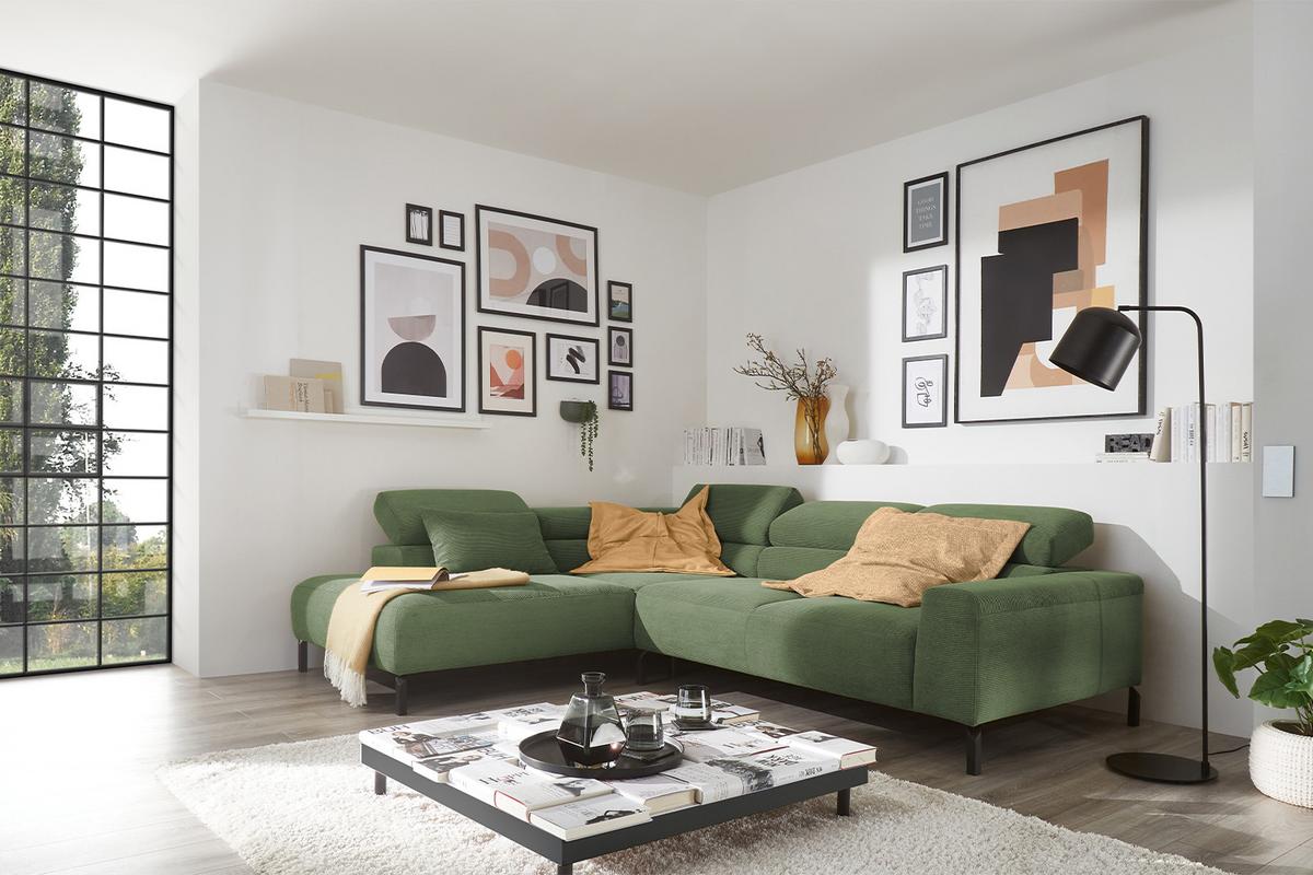 ECKSOFA DELIA Grün Cord - Schwarz/Olivgrün, Textil/Metall (276/219cm) - KAWOLA