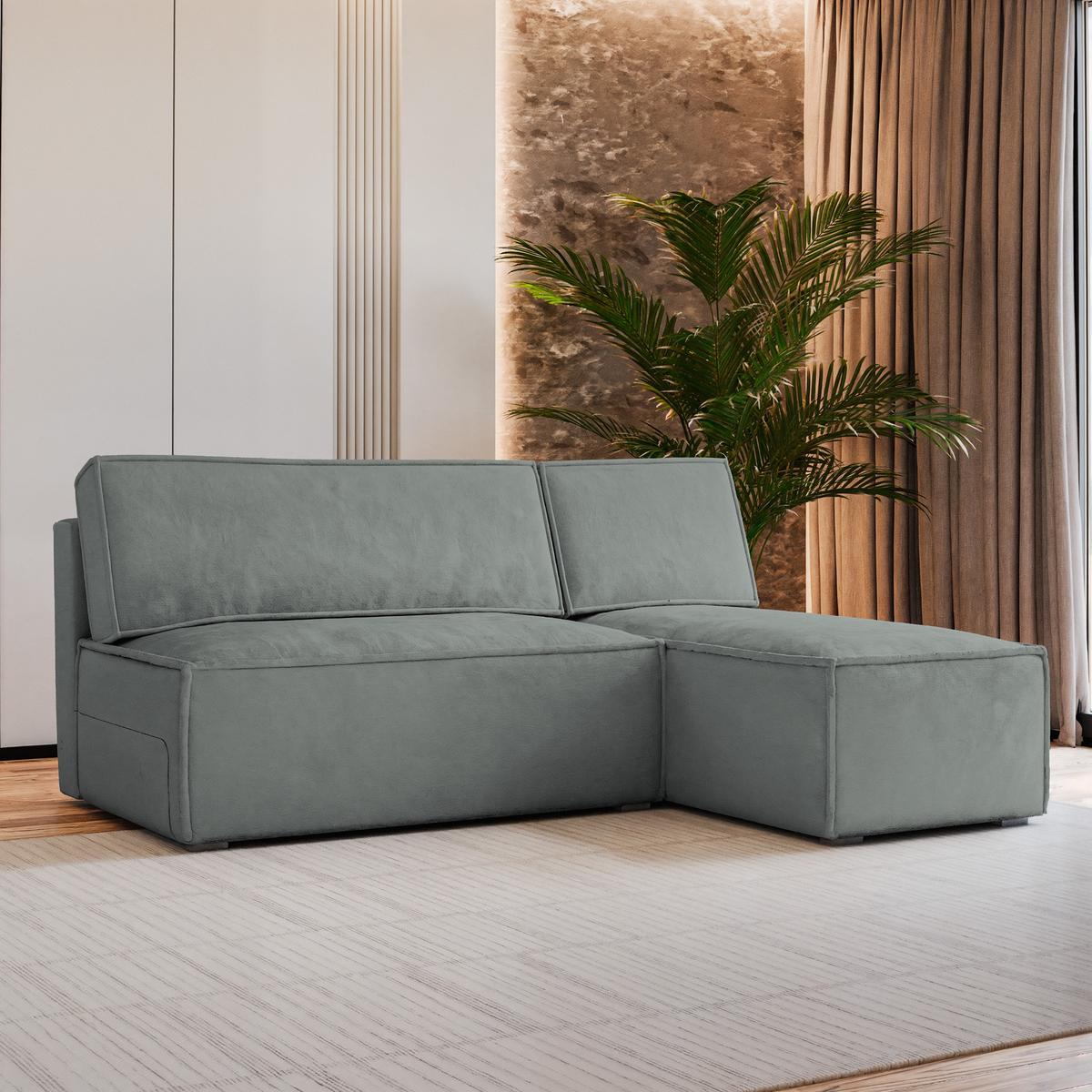 ECKSOFA BRISO M Grau Velours-Stoff mit Schlaffunktion - Grau, Holz/Kunststoff (200/140cm) - MASSENO