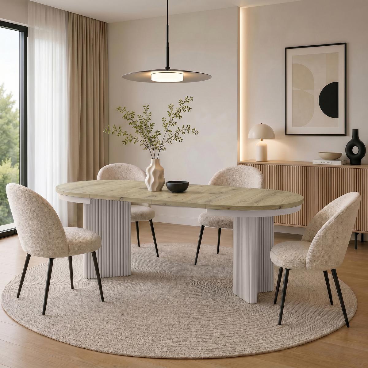 ESSTISCH Prestige runder Design-Tisch, ausziehbar Ø 100–180 cm, Eiche artisan+Kaschmir - Kaschmir/Eichefarben, Metall (100/100/77cm) - Beautysofa