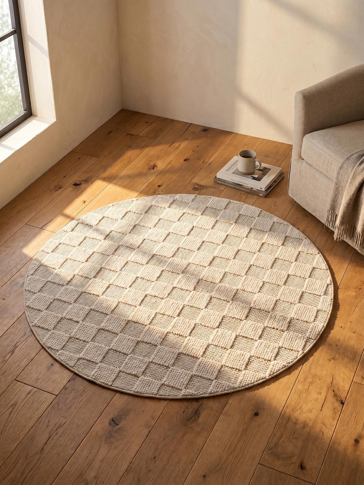 TEPPICH Flachgewebe LANGAU in Creme, mit Schachbrettmuster, Ø 120 cm - Creme, Textil (120/120cm) - KADIMA DESIGN