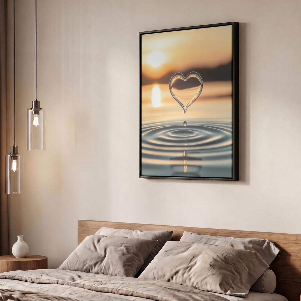 LEINWAND Bilder mit Rahmen - Herz - Wasser - Sonnenuntergang - Natur - Zen - 50x70 - Bernsteinfarben, Textil (50/70cm) - MuchoWow