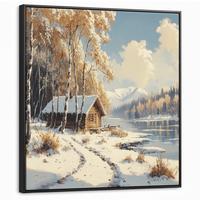 LEINWAND Bilder mit Rahmen - Winter - Schnee - Zuhause - Natur - 90x90 - Hellbraun, Textil (90/90cm) - MuchoWow