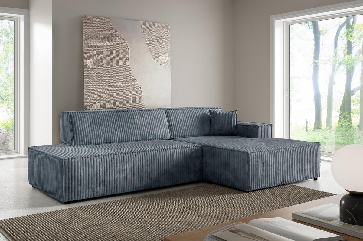 ECKSOFA TESSO L-S Grau Kordstoff mit Schlaffunktion - Grau, Holz (247/170cm) - MASSENO