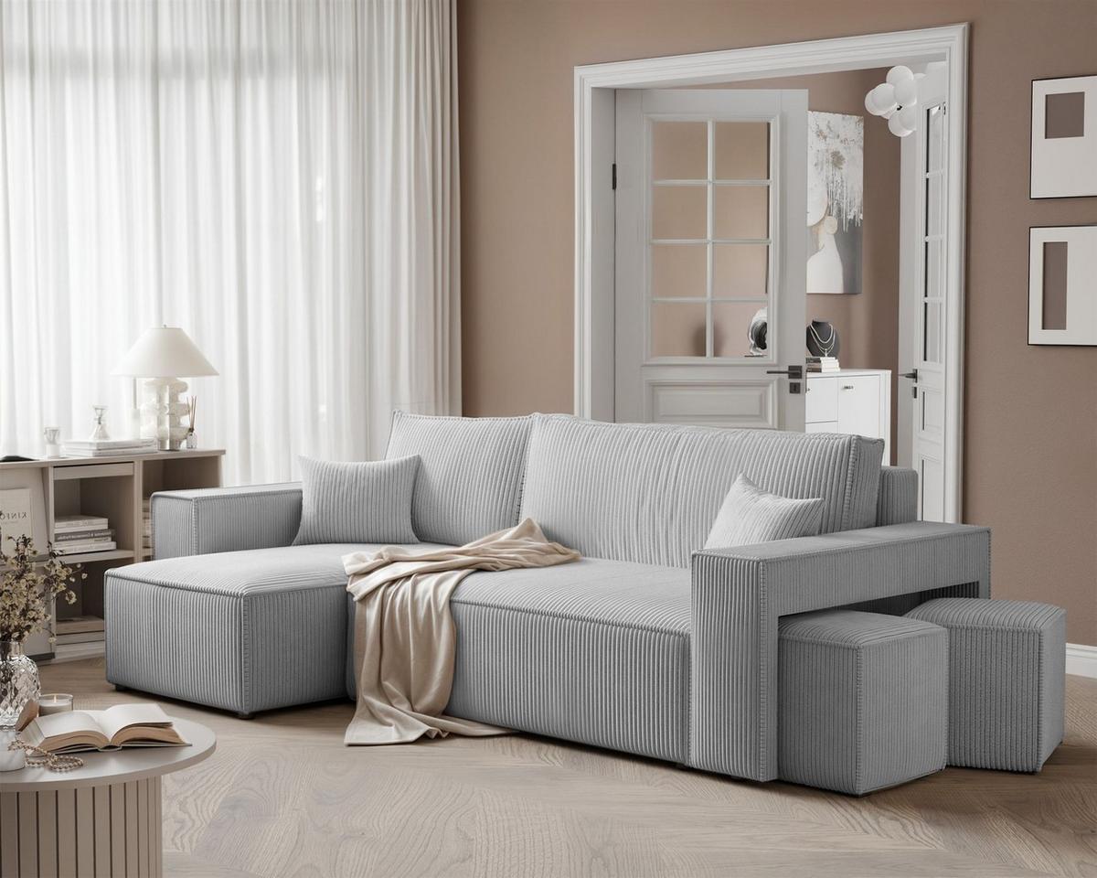 ECKSOFA Adara Inkl. Hocker - Hellgrau, Holzwerkstoff/Textil (262/145cm) - Fun Möbel