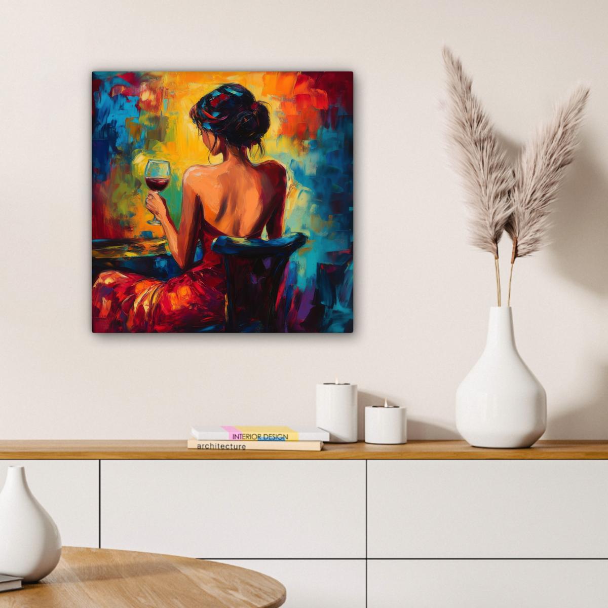 LEINWANDBILD Wein - Frau - Stimmungsvoll - Farbenfroh Wandbild Wohnzimmer 50x50 cm - Bordeaux, Textil (50/50cm) - MuchoWow
