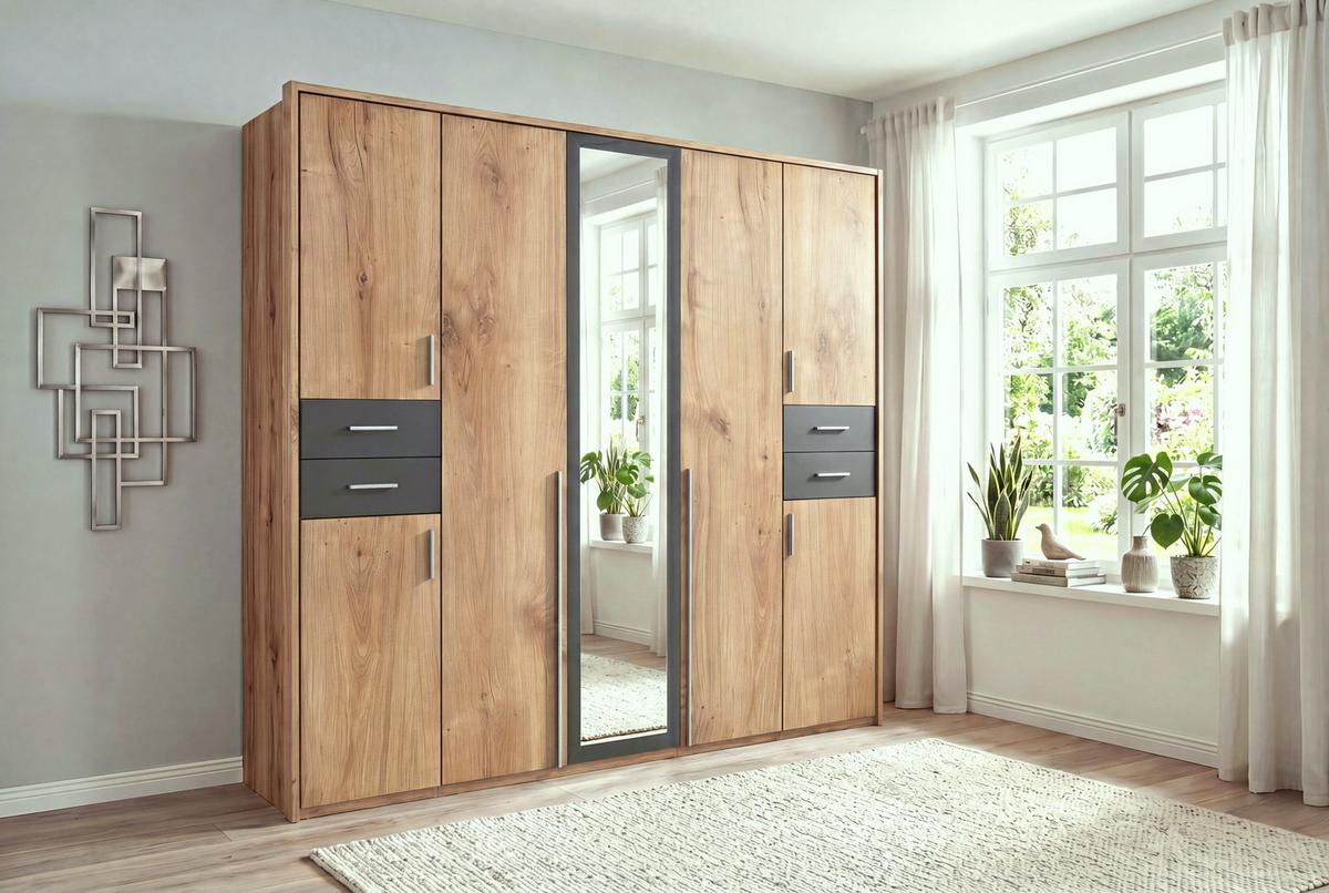 DREHTÜRENSCHRANK B228/H210/T58 cm in Eiche Dekor mit Absetzungen in Grafit, Kleiderschrank mit Passepartout & 1 Spiegeltür & Schubkästen / 22570 - Eichefarben/Silberfarben, Holzwerkstoff/Kunststoff (228/210/58cm) - luma-home