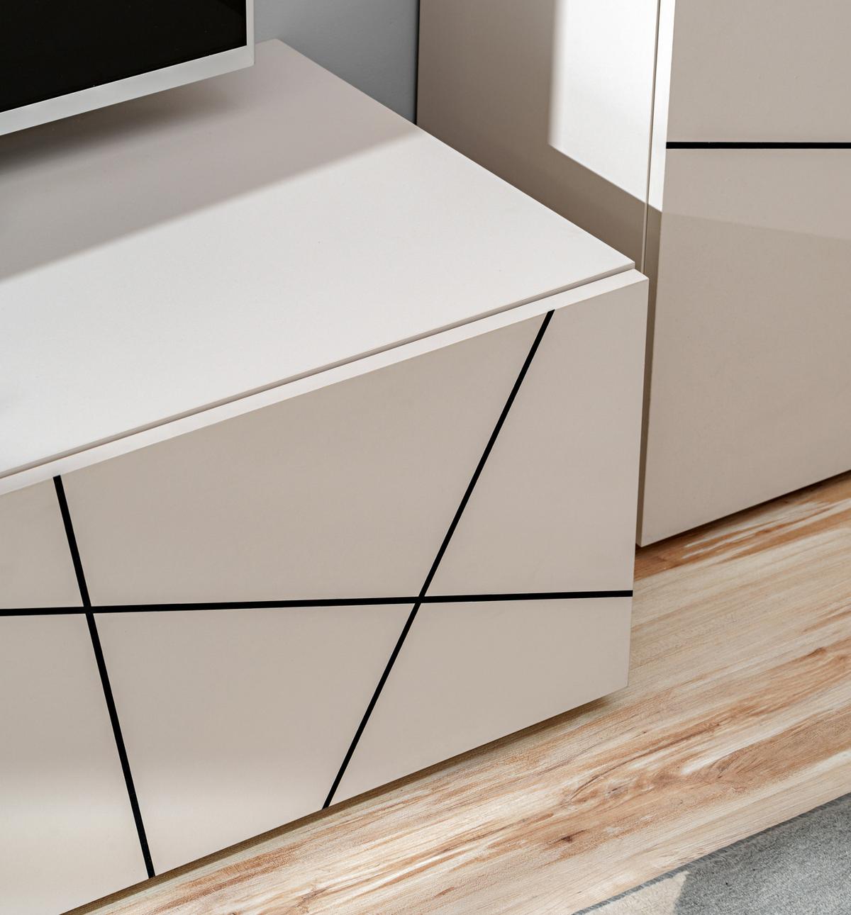 WOHNWAND Kaschmir, schwarz 260 cm, Schrankwand mit Streifendruck, Push-to-Open - Kaschmir/Schwarz, Holzwerkstoff/Kunststoff (260/180/45cm) - Furn.Design