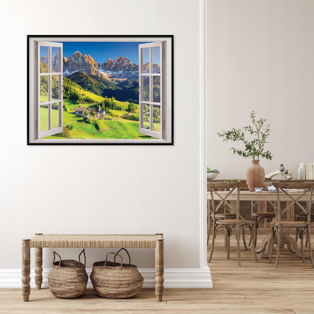 BILDER mit Rahmen Fenster Gebirge Grün 100x70 cm - Multicolor, Holzwerkstoff (100/70cm) - Wallarena