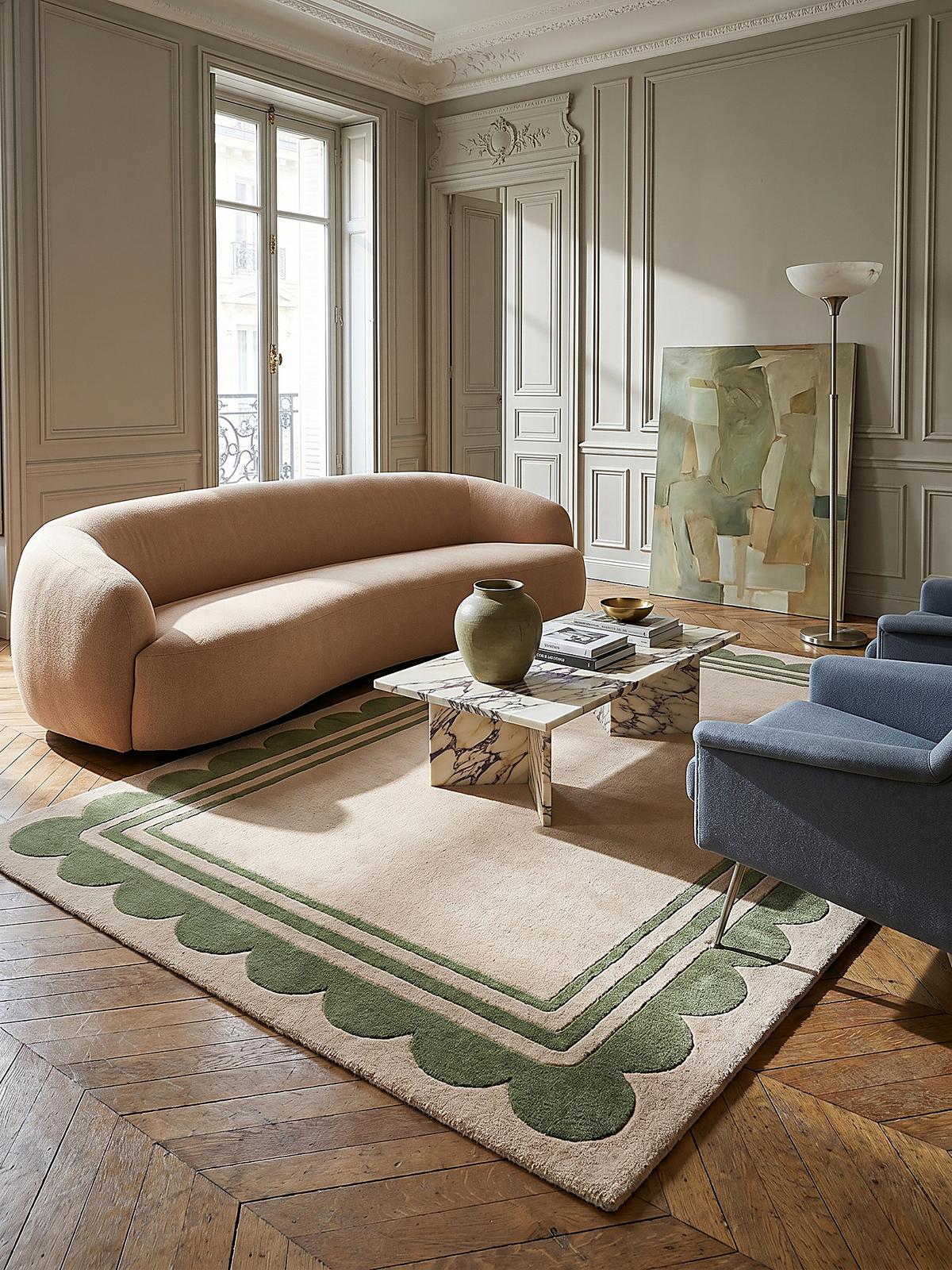 WOLLTEPPICH WENSUM, mit grafischem Muster mit Rahmen, Grün-Beige, 120 x 170 cm - Grün, Textil (170/120cm) - KADIMA DESIGN