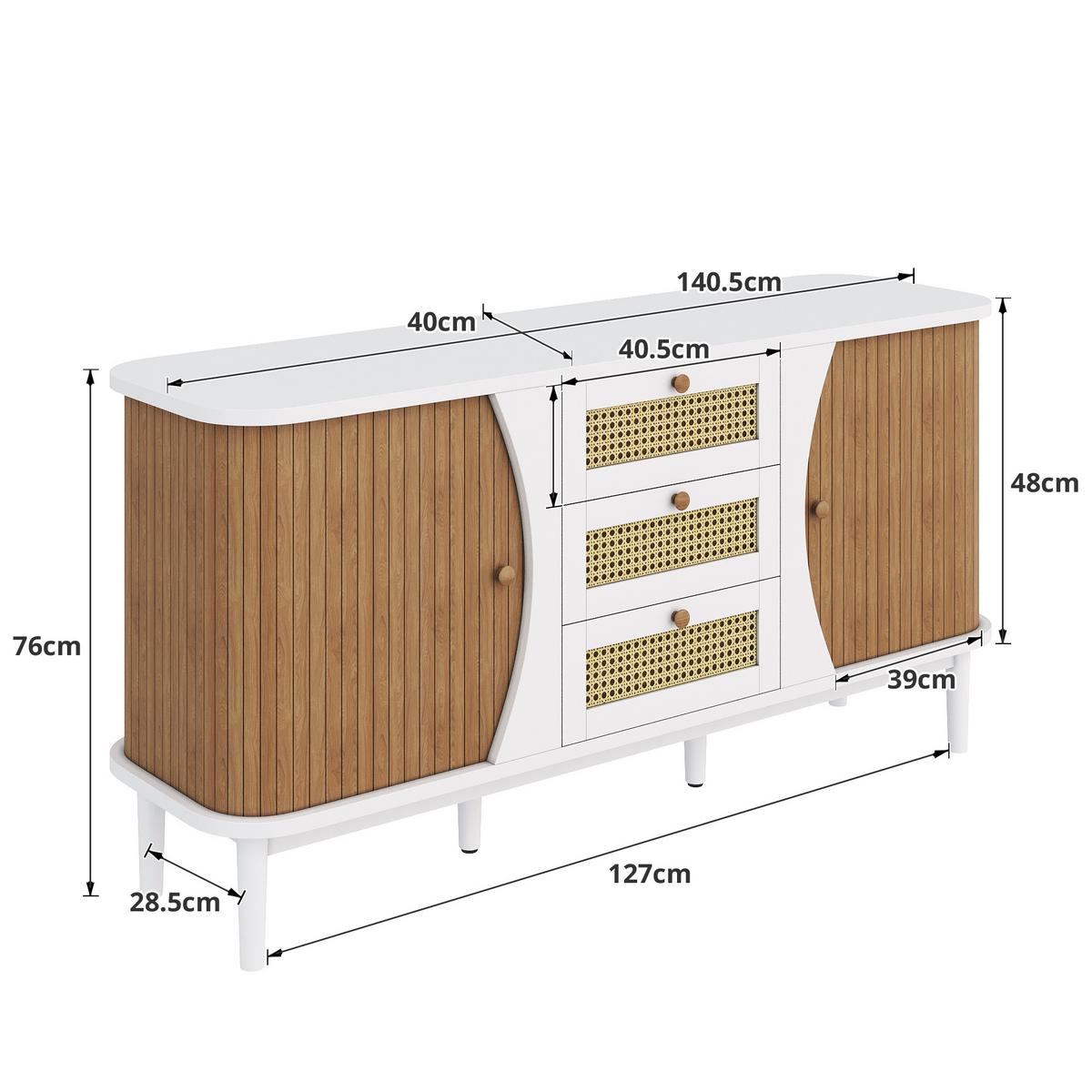 SIDEBOARD in Weiß & Holz-Optik Rattankommode mit 3 Schubladen & Bogen-Design - Weiß, Holzwerkstoff (140.5/76/40cm) - Urban Meuble