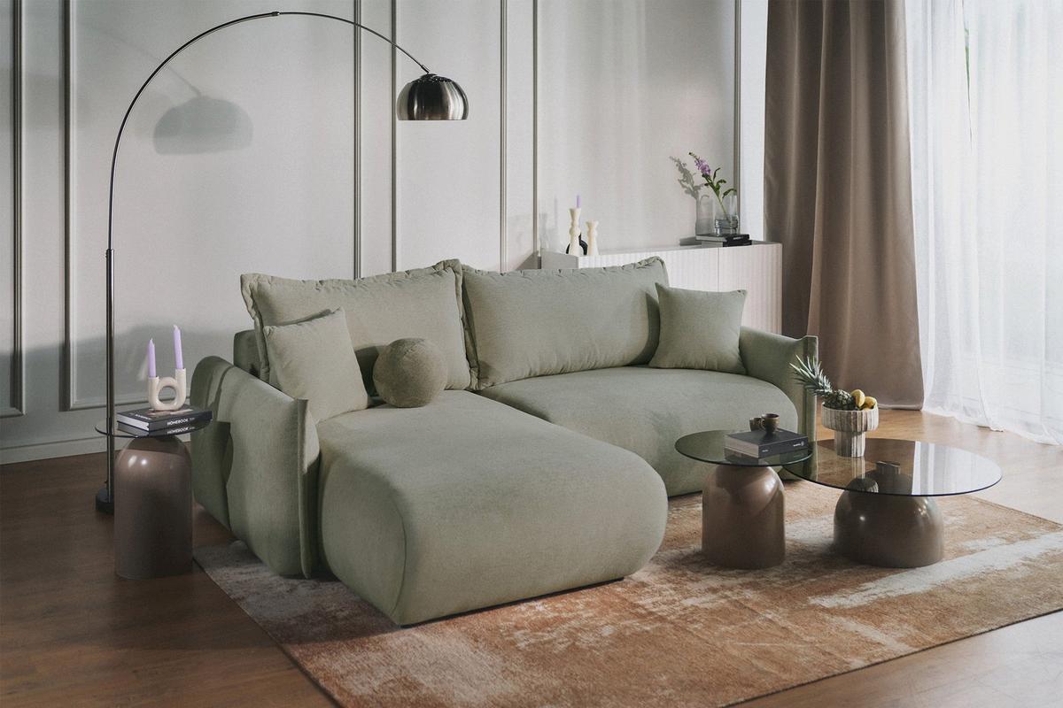 ECKSOFA Cushi Salbeigrün-Chenille - Schwarz/Hellgrün, Kunststoff/Textil (252/183cm) - Selsey