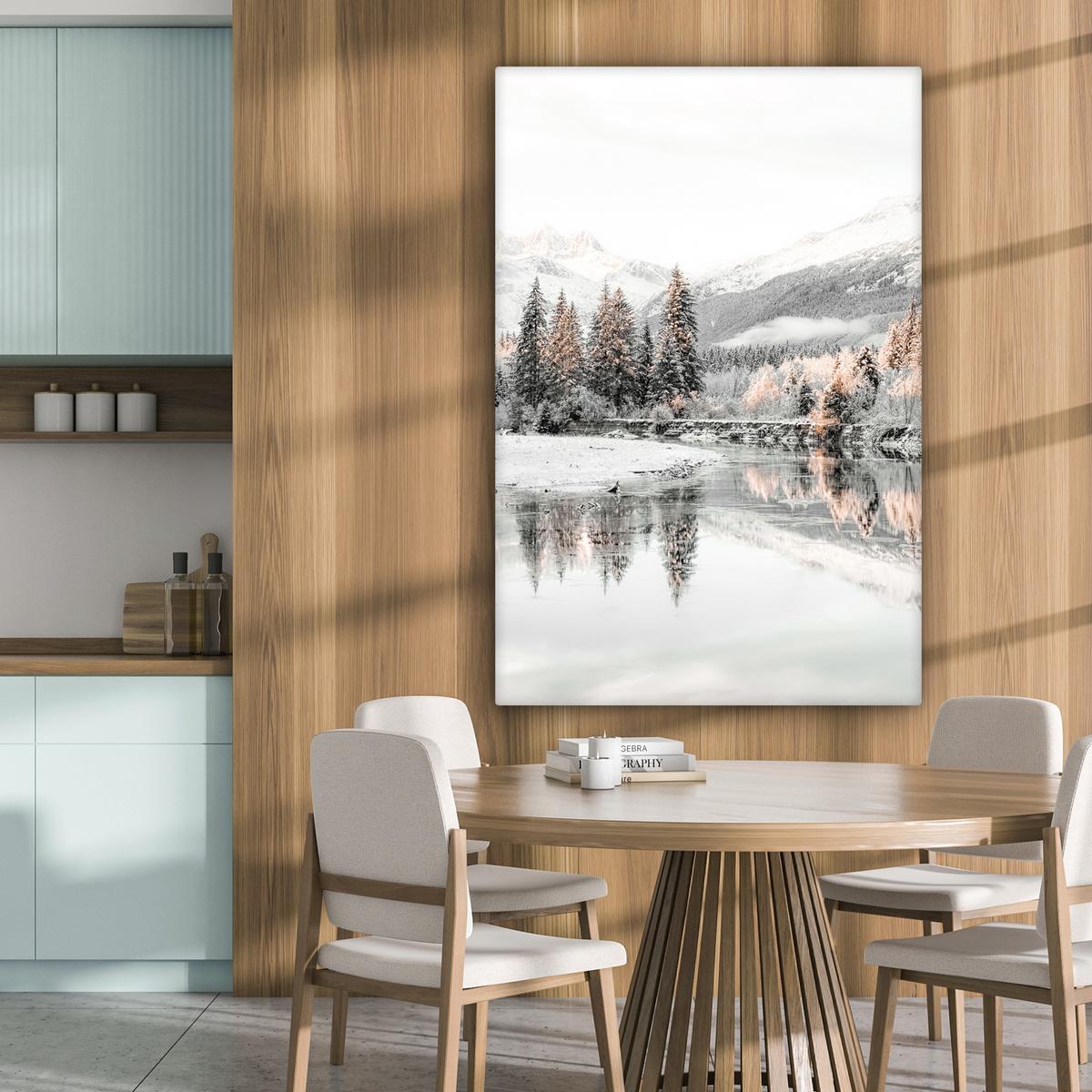 LEINWANDBILD Natur - Winter - Bäume - Berge - Schnee Deko XXL 80x120 cm - Weiß Hochglanz, Textil (80/120cm) - MuchoWow