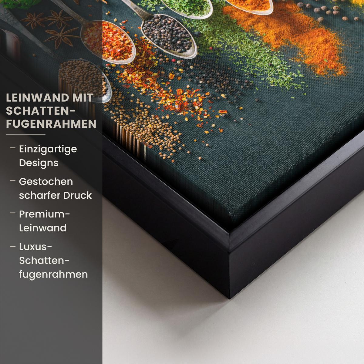 LEINWAND Bilder mit Rahmen - Kräuter - Gewürze - Löffel - 20x20 - Currygelb, Textil (20/20cm) - MuchoWow