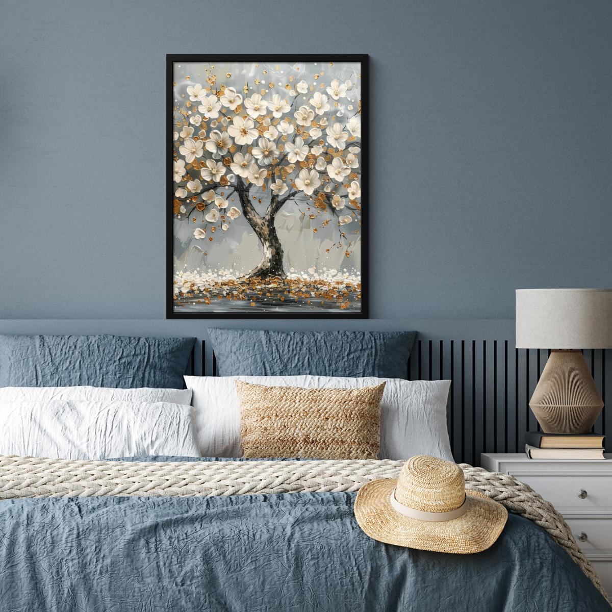 POSTER MIT RAHMEN Baum - Blumen - Weiß - Natur - Kunst Posterleiste 60x80 cm - Weiß, Papier (60/80cm) - MuchoWow