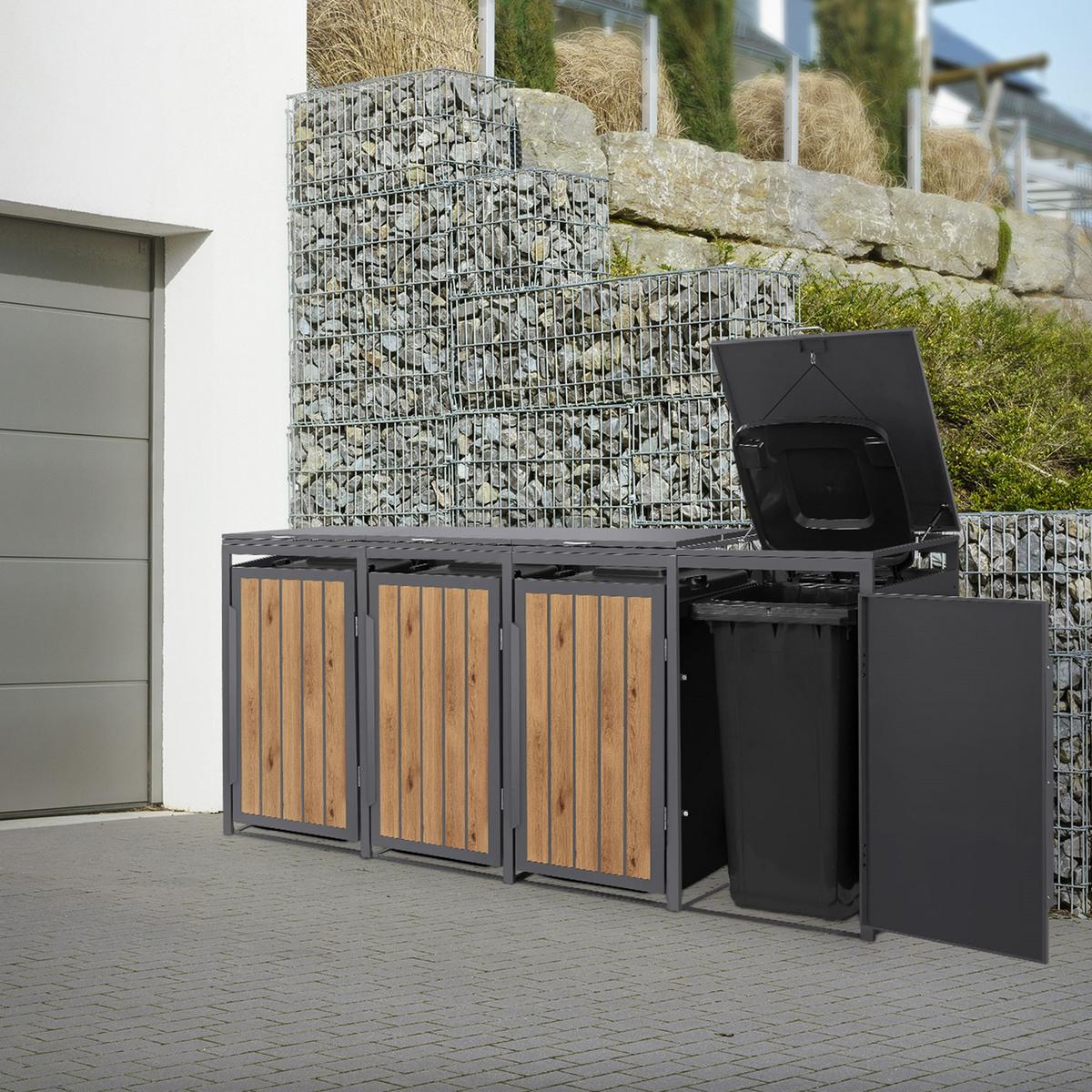 MÜLLTONNENBOX 4er 240L 260x80x120 cm Anthrazit-Eiche hell aus Stahl - Hellbraun, Metall (80/120/260cm) - ML-DESIGN