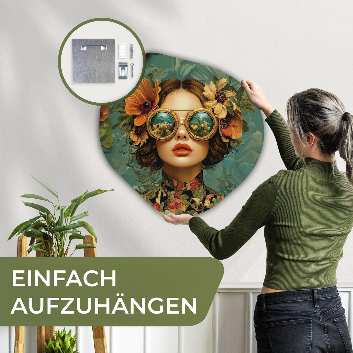 WANDBILD Frau - Blumen - Schmetterlinge - Natur - Vintage Wandbild 60x60 cm - Petrol, Kunststoff (60/60cm) - MuchoWow