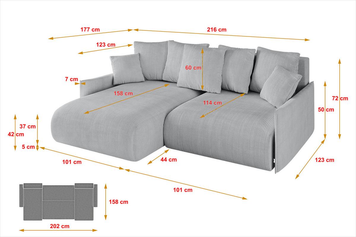 ECKSOFA Ottomane links ONESK-L -v1 216x177x72 Grau Cord - Grau, Holzwerkstoff/Kunststoff (216/177cm) - ALTDECOR