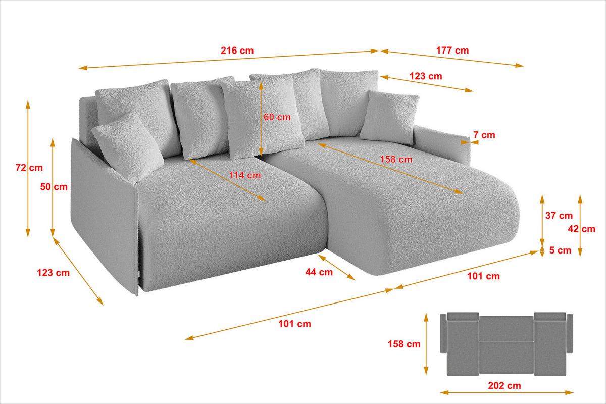 ECKSOFA Ottomane rechts ONESK-L -v1 216x177x72 Hellgrau Bouclé - Hellgrau, Holzwerkstoff/Kunststoff (177/216cm) - ALTDECOR