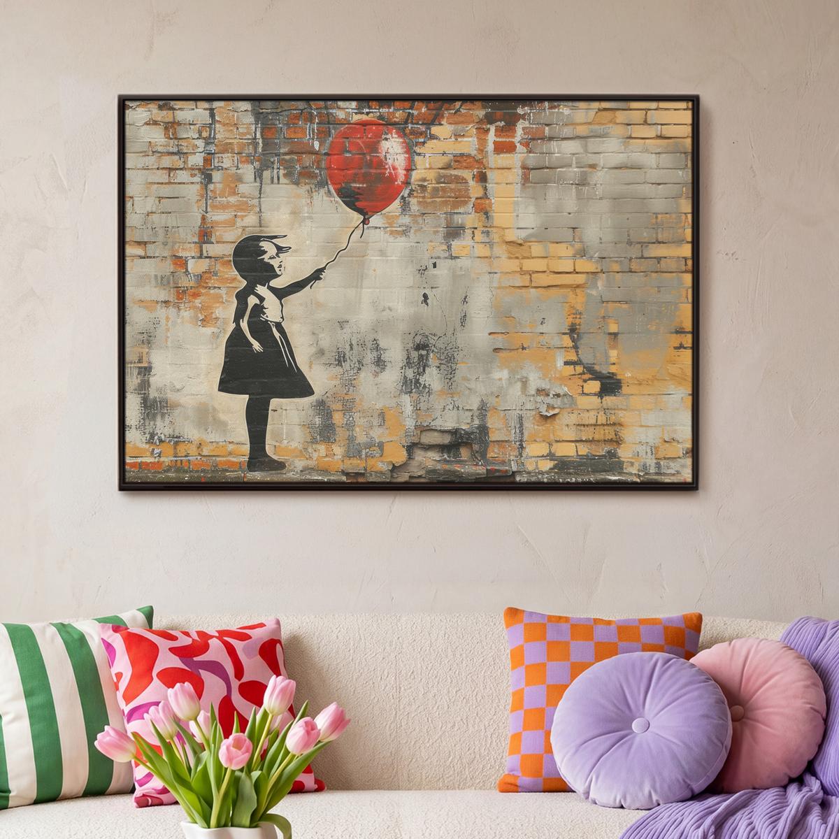 LEINWAND Bilder mit Rahmen - Graffiti - Banksy - Mädchen - Straßenkunst - 90x60 - Sandfarben, Textil (90/60cm) - MuchoWow