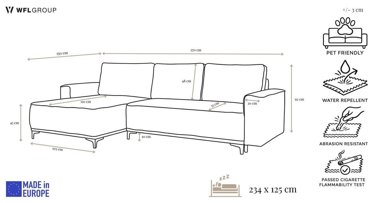 ECKSOFA Velora mit Schlaffunktion & Stauraum, Universell Rechts/Links, Braun Samt 270/92/150 cm - Schwarz/Braun, Textil/Metall (270/150cm) - WFL GROUP
