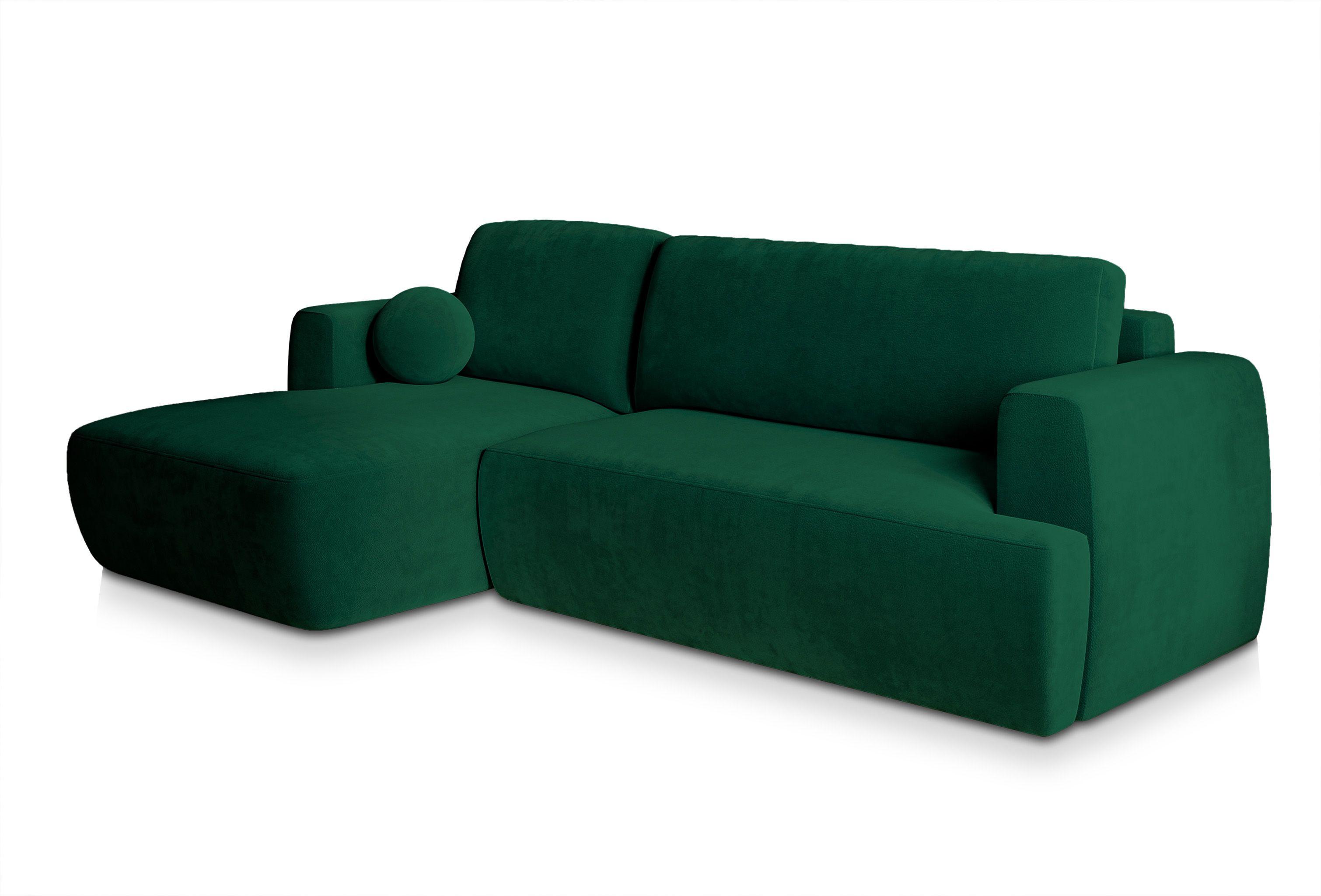 ECKSOFA SENTI K L-S Grün Plüsch-Stoff mit Schlaffunktion - Schwarz/Grün, Holz/Kunststoff (246/148cm) - MASSENO