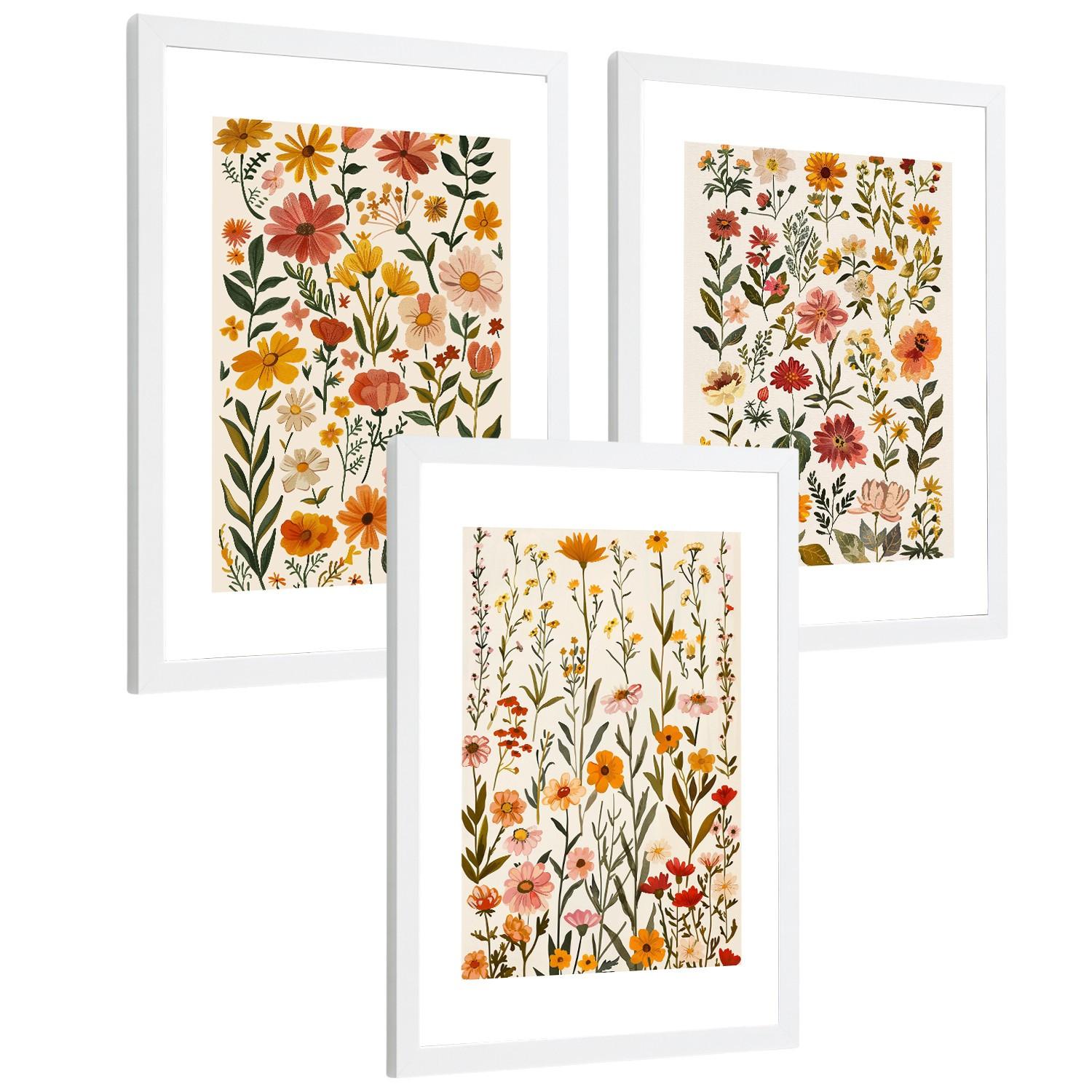 POSTER 3er-Set Wandbilder Wildblumen modern Wohnzimmer Deko, Schlafzimmer, Küche, Badezimmer Weißer Rahmen A4 - Weiß, Papier (29.7/1/21cm) - Nacnic