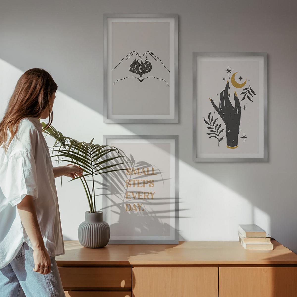BILDER SET 3er Set - 40x60 cm Silberner Rahmen - Minimalistische Boho-Illustrationen - Silberfarben, Kunststoff (40/60cm) - TULUP