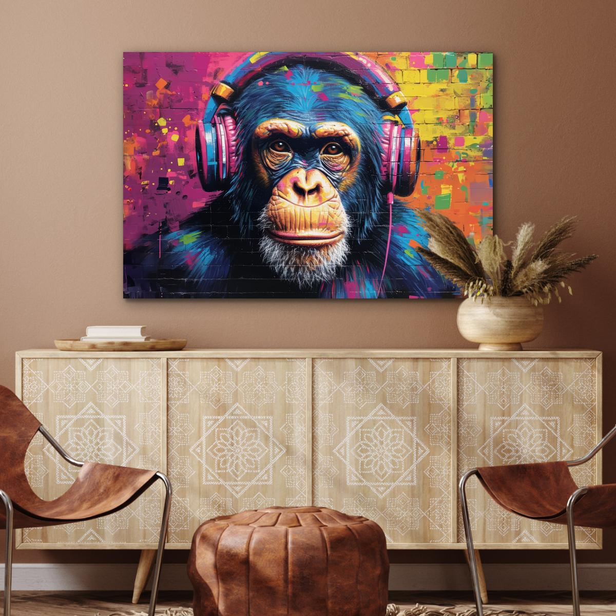 METALLBILD Graffiti - Schimpanse - Straßenkunst - Kopfhörer - Affe Wanddeko 90x60 cm - Blau, Metall (90/60cm) - MuchoWow