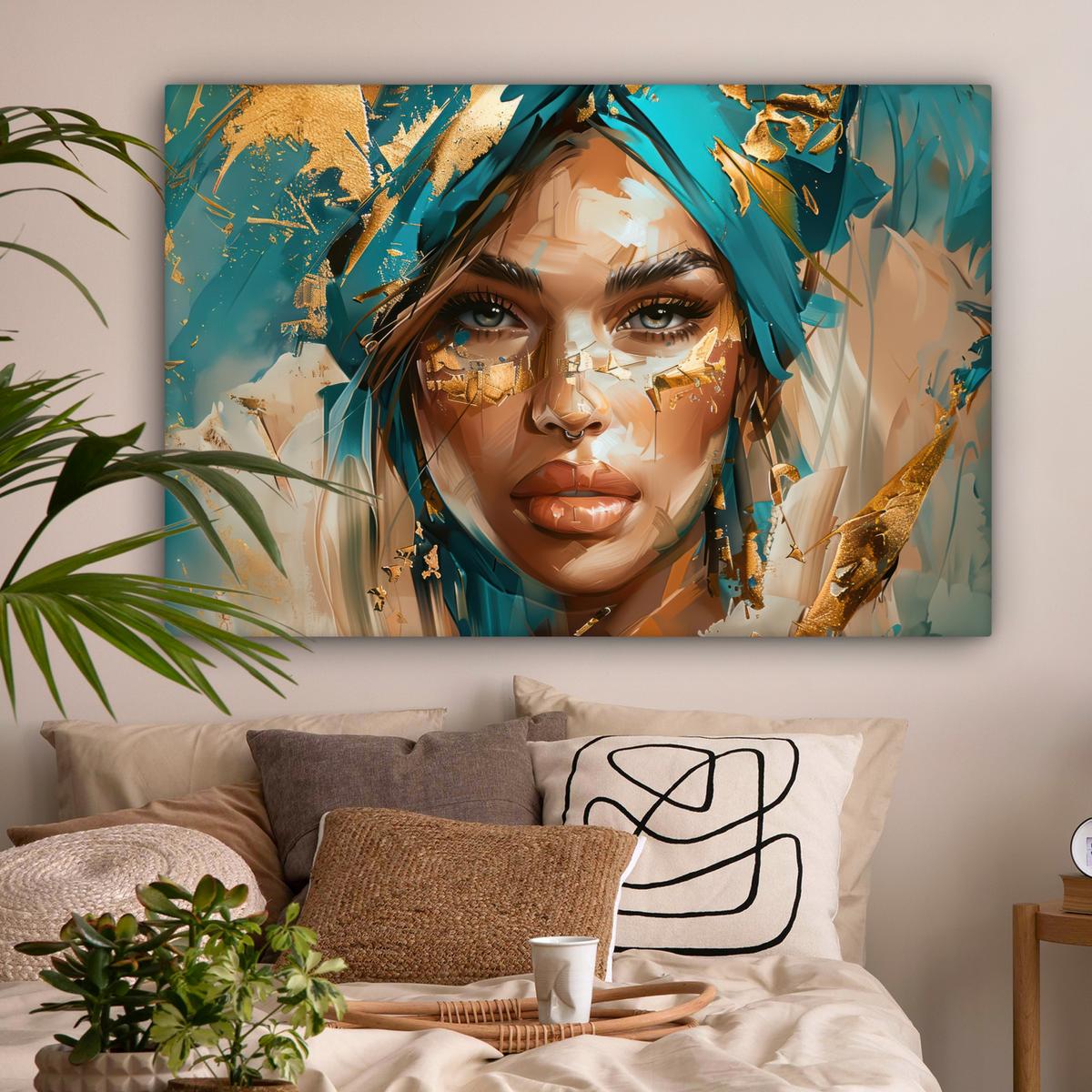 LEINWANDBILD Frau - Porträt - Gold - Luxus - Blau Groß 140x90 cm - Türkis, Textil (140/90cm) - MuchoWow