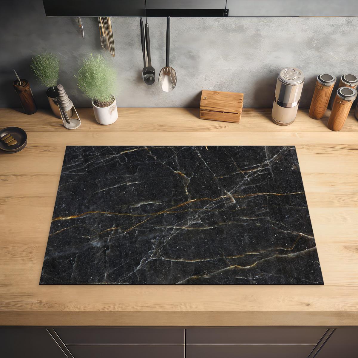 HERDABDECKPLATTE Marmor - Schwarz - Gold - Grau - Marmorstruktur Herdabdeckung Induktionsfeld 75x52 cm - Goldfarben, Kunststoff (75/52/0.2cm) - MuchoWow