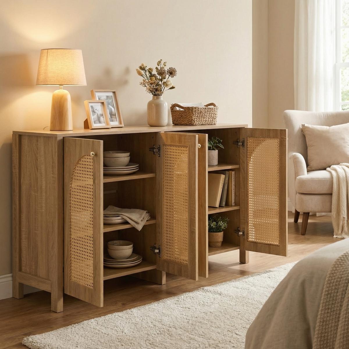 SIDEBOARD 145 cm in Natur Rattan-Optik & 4 Türen im Boho-Stil - Naturfarben, Holzwerkstoff (145/40/80cm) - Urban Meuble