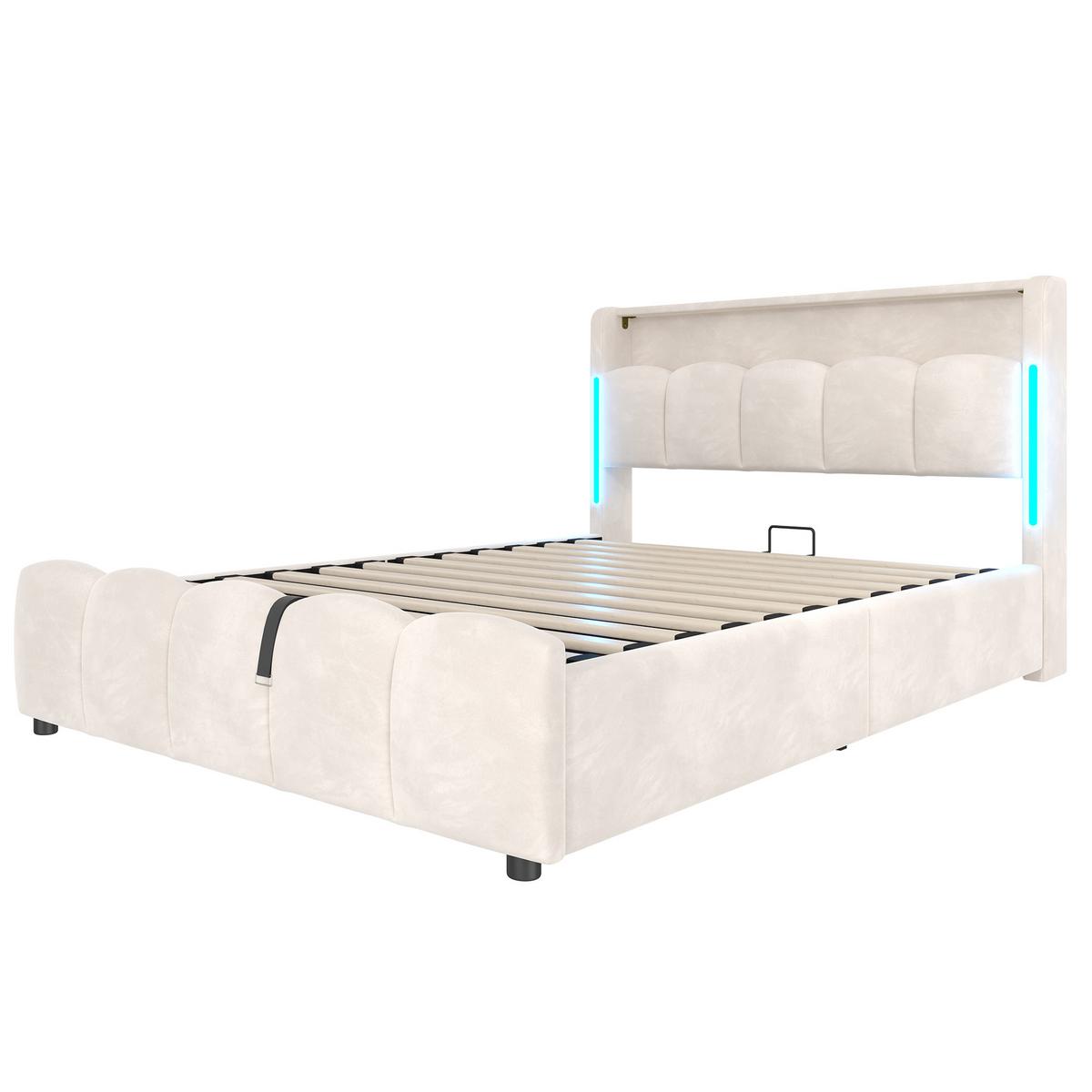 POLSTERBETT samt beige 140x200cm mit stauraum led usb - Beige, Textil (140/200cm) - Urban Meuble