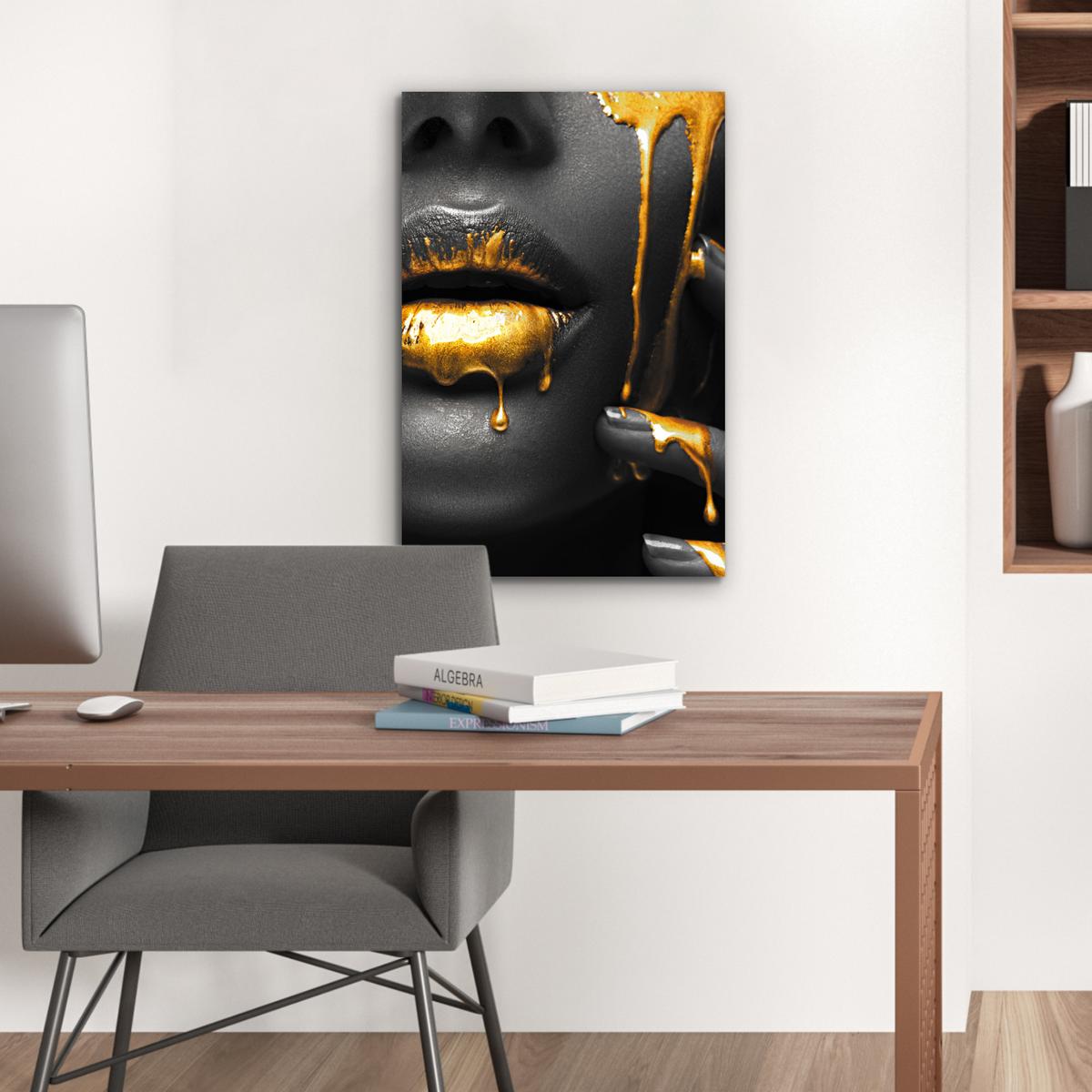 METALLBILD Frau - Schwarz - Gold - Gesicht - Lippen Deko Schlafzimmer 40x60 cm - Goldfarben, Metall (40/60cm) - MuchoWow
