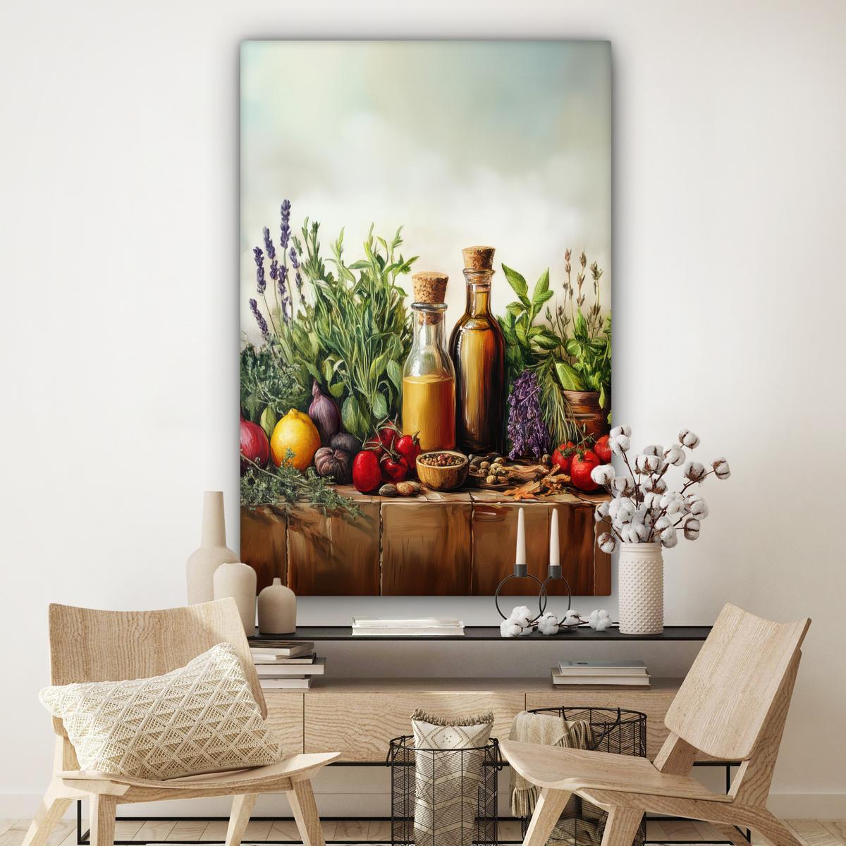 LEINWANDBILD Stilleben - Kräuter - Gewürze - Früchte - Farbenfroh Deko Groß 90x140 cm - Grün, Textil (90/140cm) - MuchoWow