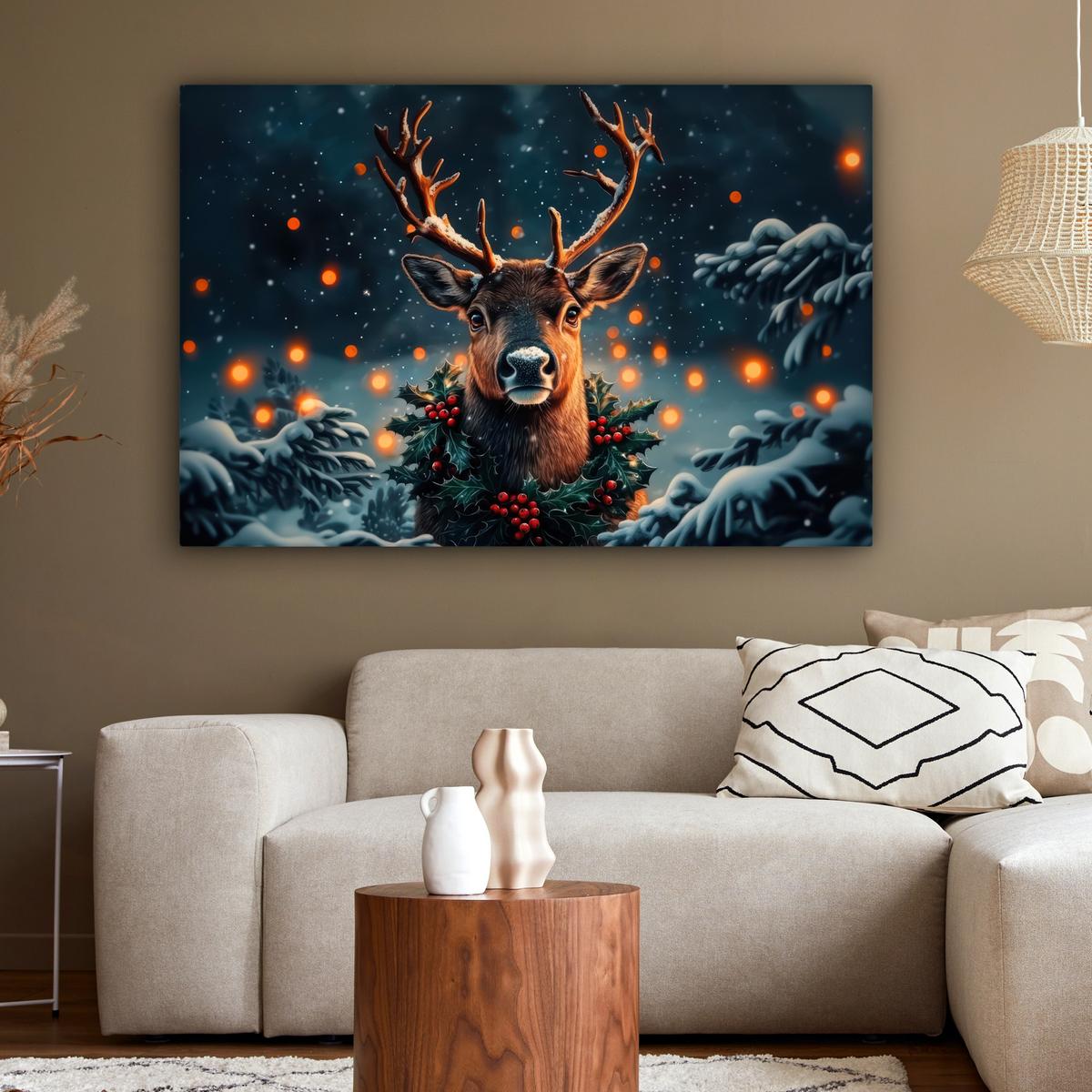 LEINWANDBILD Hirsch - Weihnachten - Winter - Schnee - Weihnachtskranz Wohnzimmer Groß 120x80 cm - Dunkelbraun, Textil (120/80cm) - MuchoWow