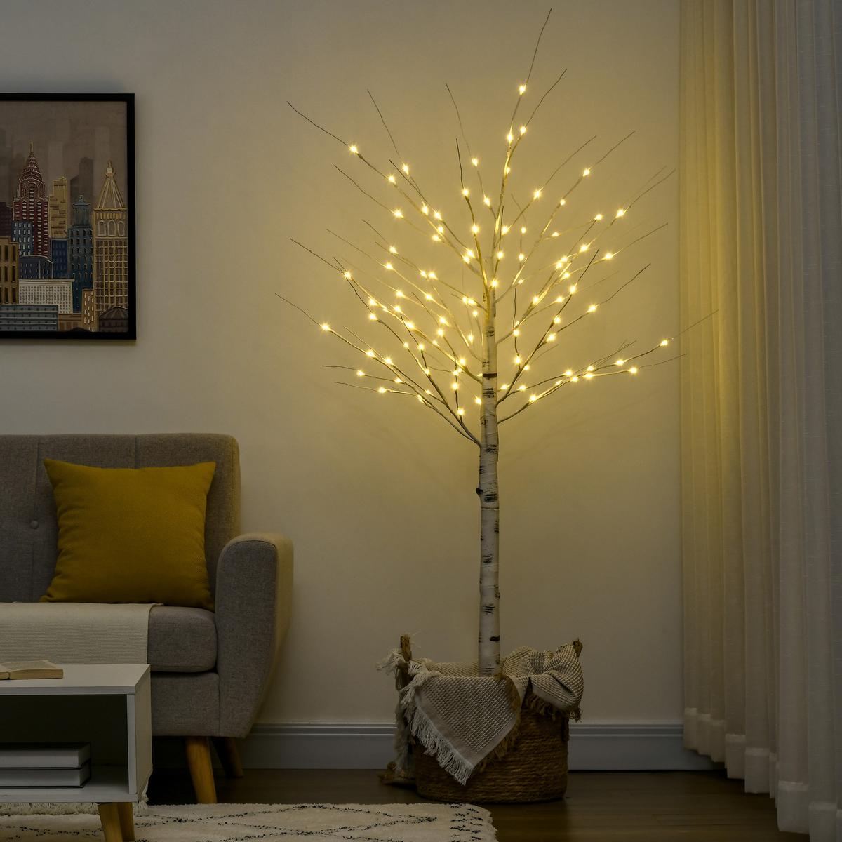 180 cm Kunstbirke Kunstbaum mit LED-Beleuchtung für Weihnachten Ostern Warmweiß - Weiß, Kunststoff (22/22/180cm) - HOMCOM