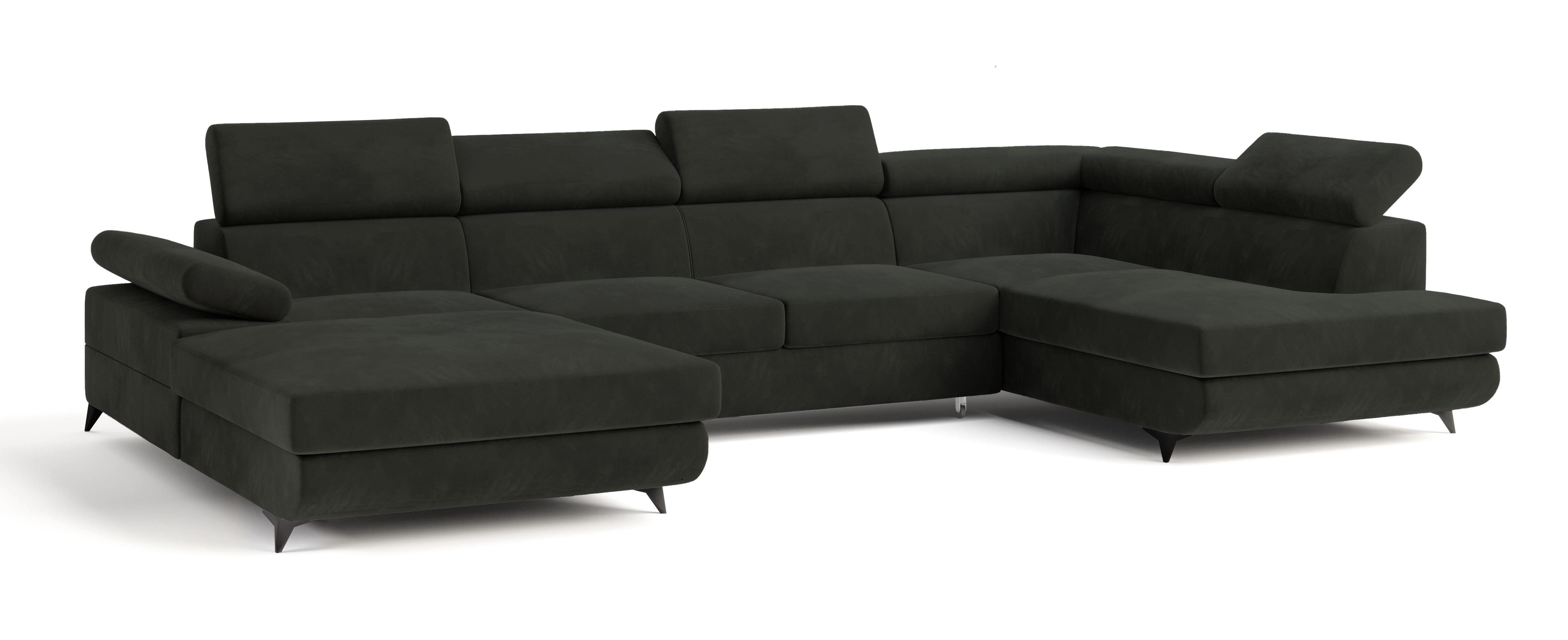 WOHNLANDSCHAFT RUBANO R-S Schwarz Velours-Stoff mit Schlaffunktion - Schwarz, Holz (339/89/190cm) - MASSENO